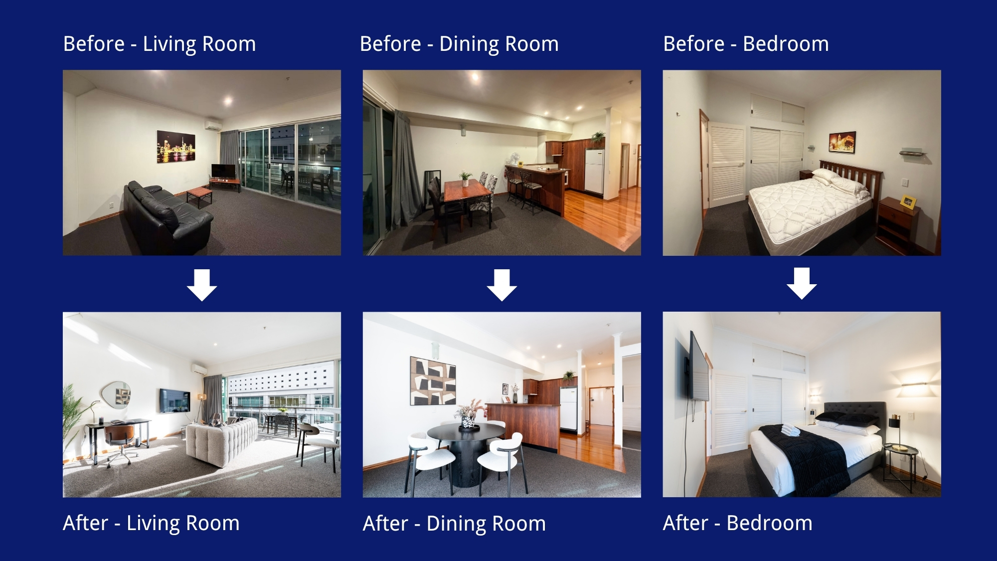 Before and after Airbnb property styling by Kiwi Nest Property Management